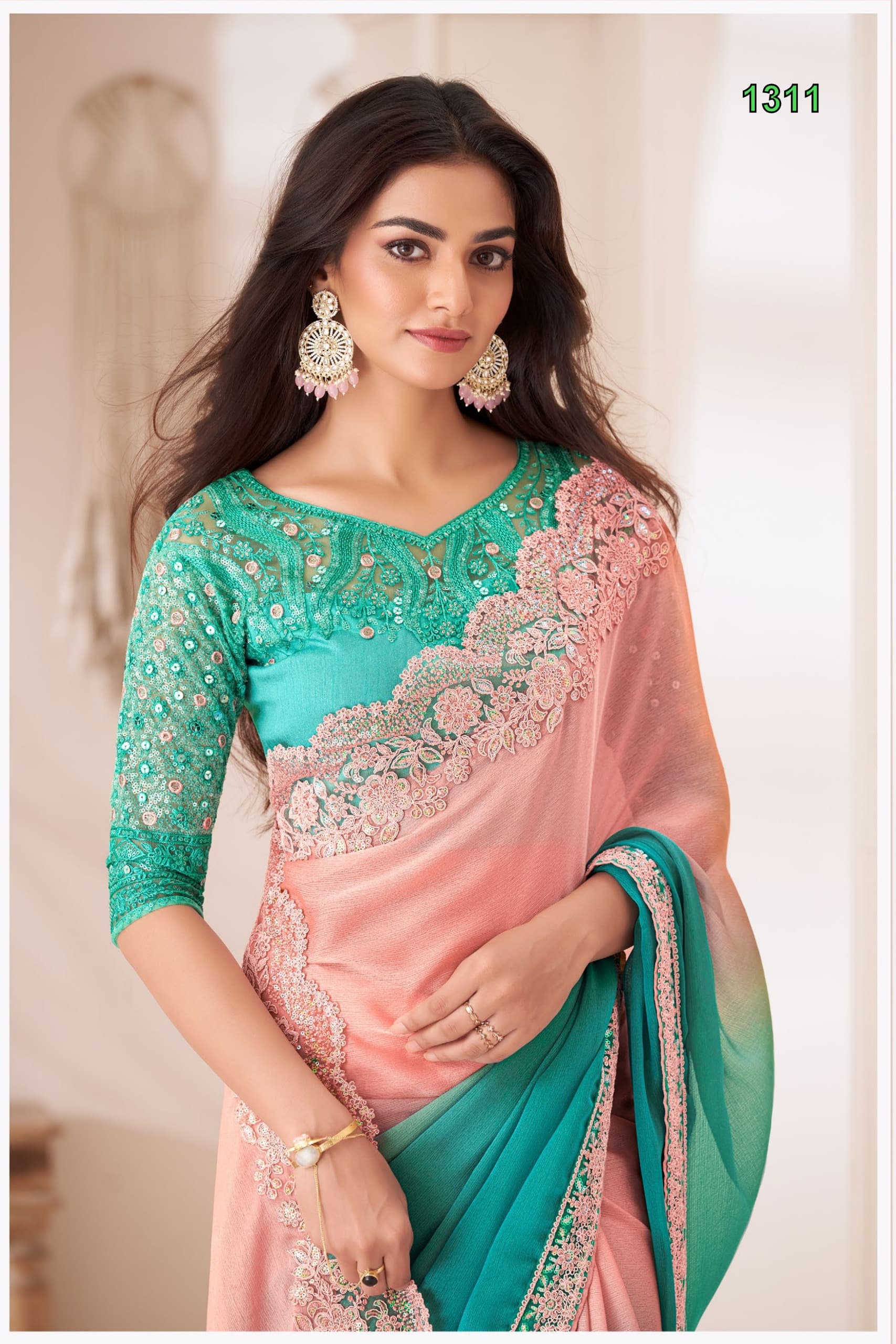 Royal Peach and Teal Majestic Satin Georgette Silk Saree with Banglori Silk Blouse